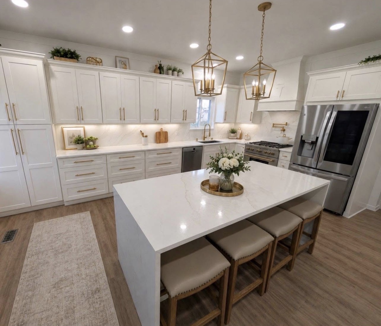 Bright remodeled kitchen with ivory cabinets and bronze hardware