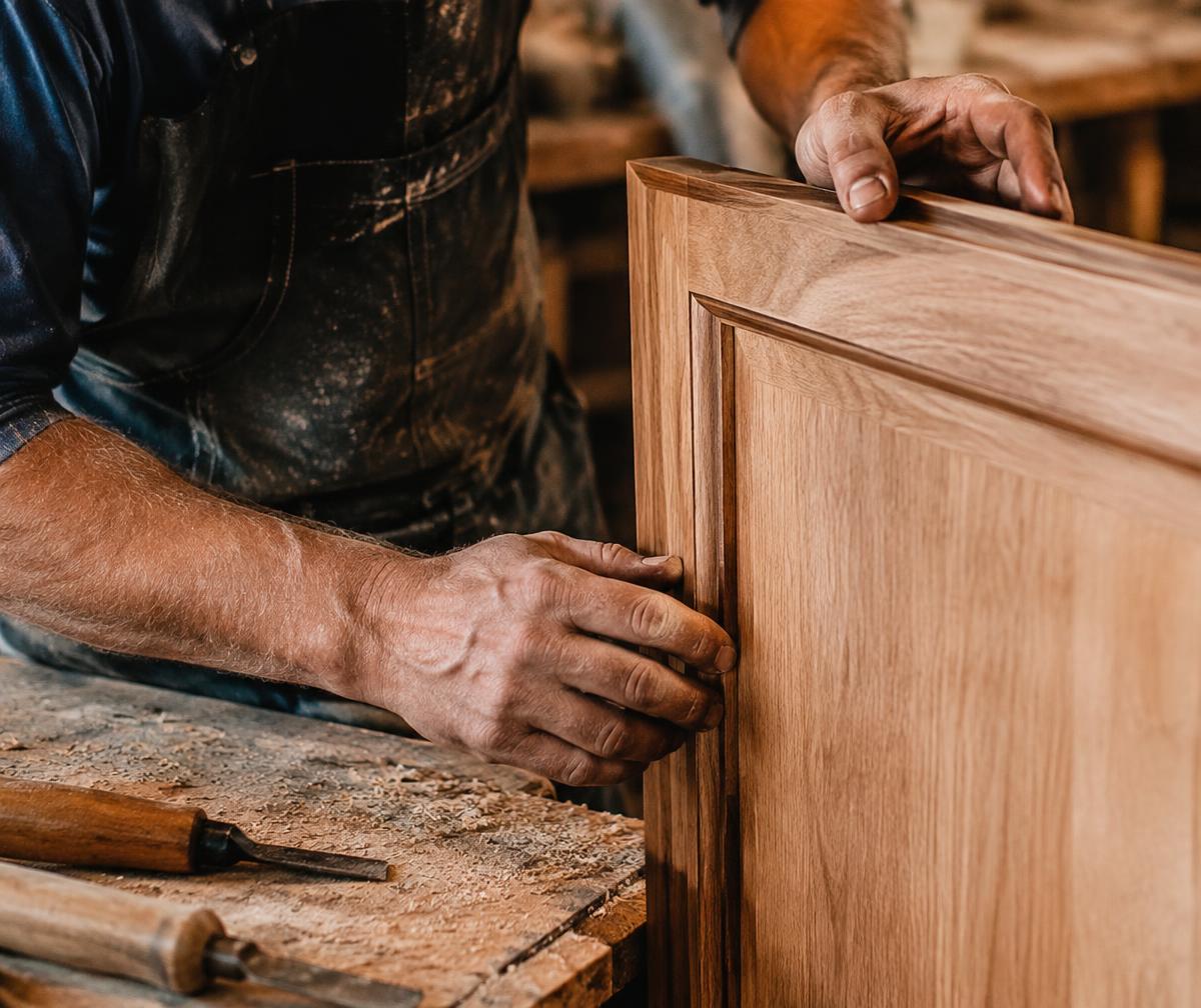 Carpenter fitting a custom cabinet door